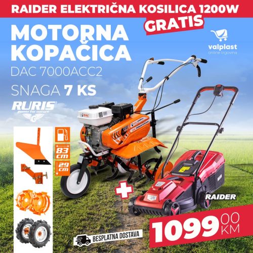 Motorna kopačica kultivator freza RURIS 7000ACC2+Gratis električna kosilica Raider 1200W