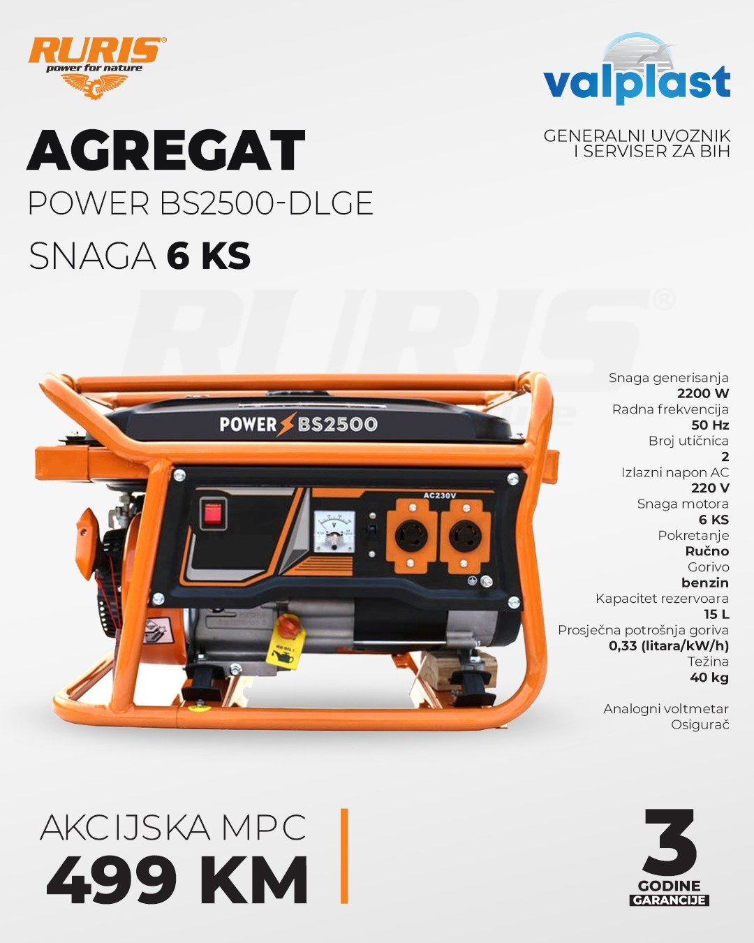 RURIS benzinski agregat za struju BS2500 DLGE 2,2kW